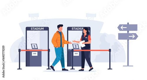 Illustration depicting a stadium entrance with a ticket inspection process and visitor guidance signage indicating directions