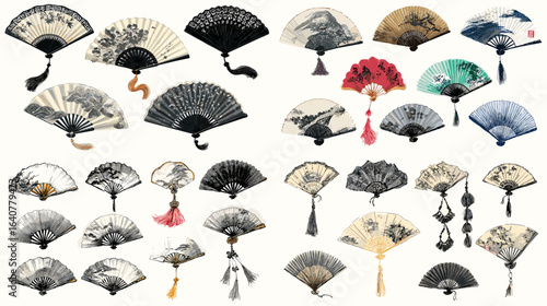 Collection of beautifully detailed Japanese folding fans with intricate patterns, showcasing cultural elegance and craftsmanship.
