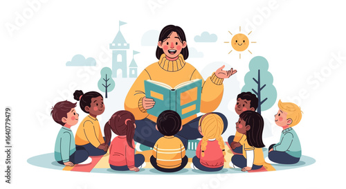 Illustration depicting a teacher reading a book to a group of diverse children outdoors