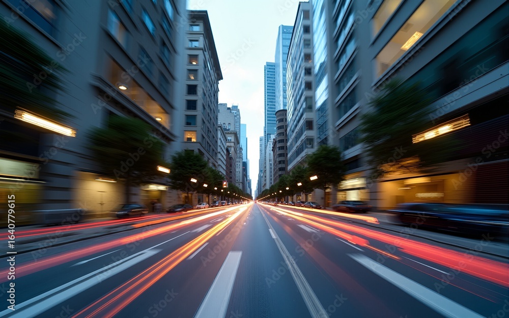 Naklejka premium Street view distorted by visible time ripples, bending buildings and light trails, surreal temporal distortion with photorealistic quality. High quality
