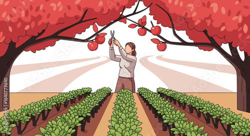 Illustration depicting a woman harvesting apples in a vibrant orchard setting with rows of bushes providing depth and a sense of abundance