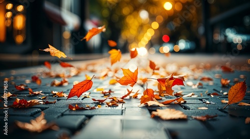Autumn leaves fall and dance across city pavement with bokeh backdrop during serene evening