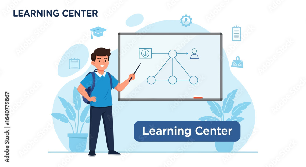 Illustration of a student presenting a network diagram in a learning center Illustration of a student presenting a network diagram in a learning center