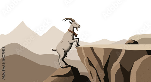 Goat Stands Alertly On Edge Cliff With Mountains On Background Illustration