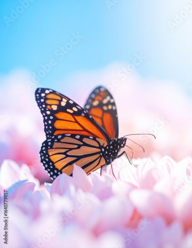 Monarch butterfly perched on soft pink flowers
