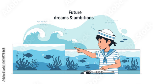 Illustration depicting a young boy with future dreams and ambitions of becoming a sailor exploring aquatic life