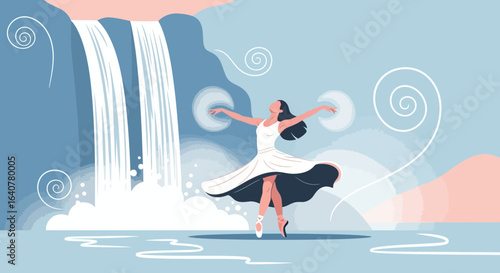Graceful Ballerina Dancing With Waterfall In A Dreamy Serene Scenery