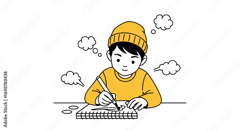 Illustration of a boy drawing with a pen on a sketchbook with creative thought bubbles around him Illustration of a boy drawing with a pen on a sketchbook with creative thought bubbles around him