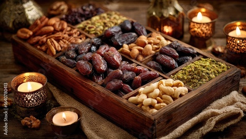 Fototapeta Naklejka Na Ścianę i Meble -  Wooden tray filled with various dried fruits and nuts, including dates, pecans, almonds, and cashews.  Warm lighting and decorative lanterns add an ambiance