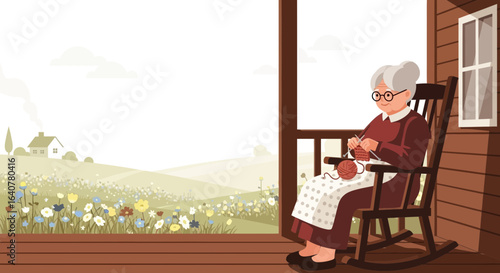 Grandma Knitting On Porch Relaxing And Enjoying The Serene Landscape View
