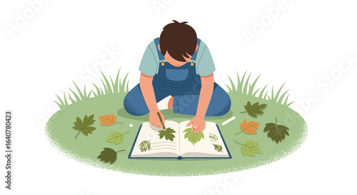 Illustration of a boy drawing leaves in a field, fostering creativity and appreciation for nature through artistic expression, youthful exploration