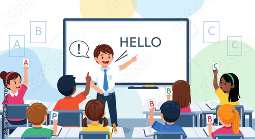 Illustration of a teacher teaching children in a classroom, holding up alphabet cards in an interactive learning environment