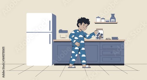 Illustration of a boy in pajamas stealing cookies from a jar in the kitchen late at night