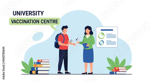 Illustration of a University Vaccination Centre with Doctor and Student Vaccination