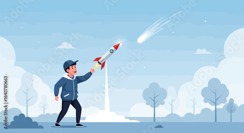 Illustration of a boy launching a toy rocket into space against a scenic background evokes dreams of exploration and adventure