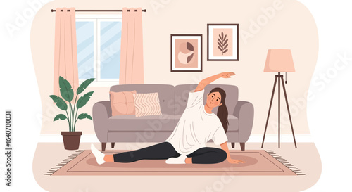 Illustration of a woman doing stretching exercises at home during her leisure time for health and wellness