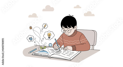 Illustration of a boy studying and learning, portraying growth and development through education