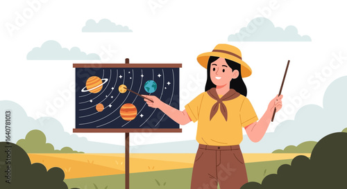 Illustration of a woman explaining the solar system outdoors using a display board