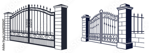 A set of wrought iron gate, wrought iron fence, wrought iron gates