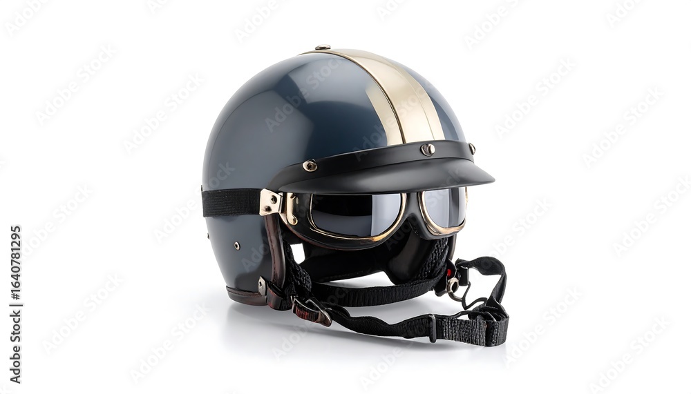 Naklejka premium Vintage Motorcycle Helmet with Goggles on a White Studio Background.
