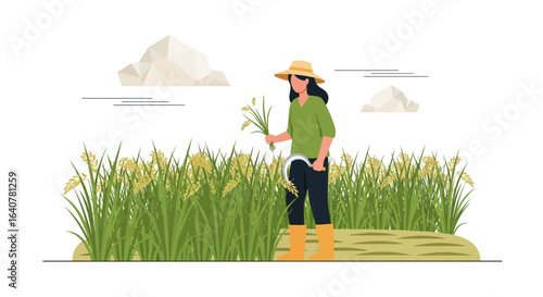 Illustration of a woman harvesting rice in a field with a sickle and straw hat showing agricultural labor and food production in a rural environment