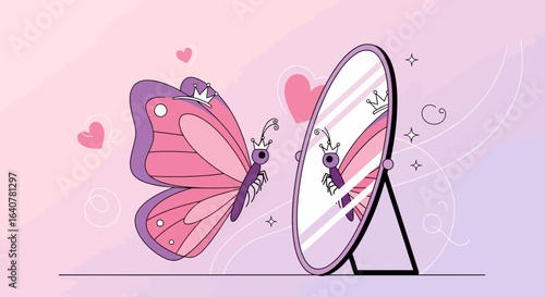 Illustration of a butterfly with a crown looking at its reflection in a mirror