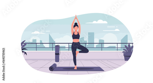 Illustration of a woman practicing yoga in tree pose on a rooftop in the city practicing self care and mindfulness for mental well being