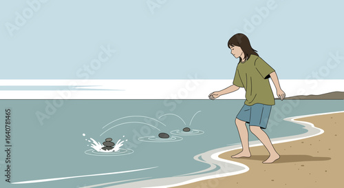 Illustration of a carefree young girl playing stone skipping on a tranquil beach scene near the ocean coast