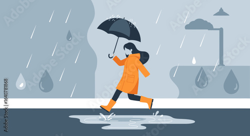 Illustration of a woman running in the rain with an umbrella and wearing a raincoat, splashing through a puddle on a gray background