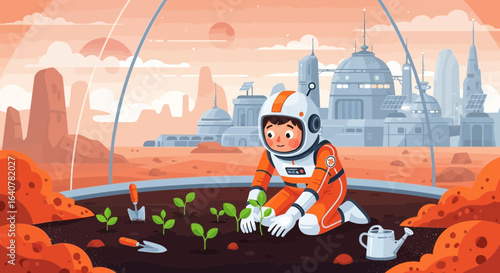 Growing Life On Mars A Future Astronaut Cultivating Plants In A Martian Greenhouse