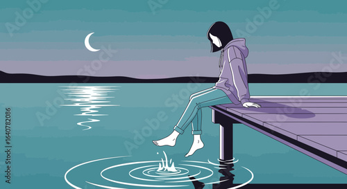 Illustration of a woman sitting on a pier at night contemplating life moments