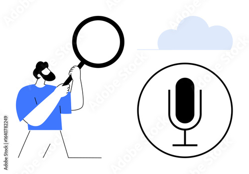 Person holding magnifying glass, large microphone icon, cloud element. Ideal for voice search, podcasting, investigation, technology, online research, audio analytics simple landing page