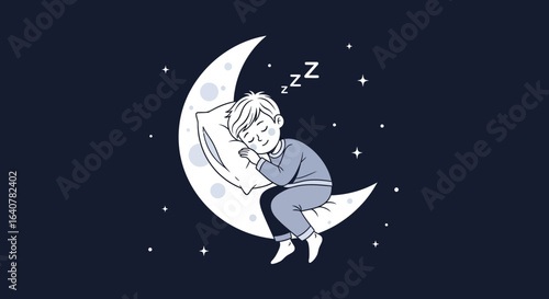Illustration of a child peacefully sleeping on the moon under a starry night sky representing childhood dreams and bedtime stories