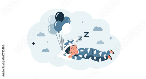 Illustration of a child sleeping peacefully on a cloud with balloons in soft tones