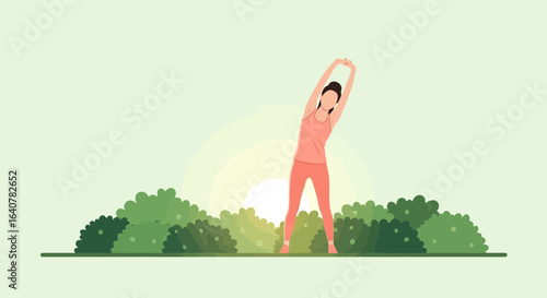 Illustration of a woman stretching in a park during sunrise perfect for wellness content and health promotions