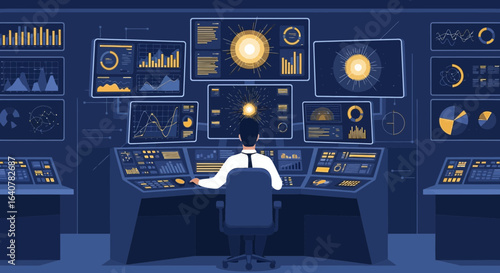 Illustration of a control room with a man analyzing data on multiple screens and consoles