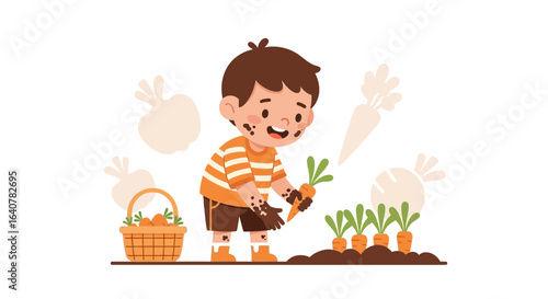 Happy Boy Harvesting Fresh Carrots From His Garden On Sunny Day