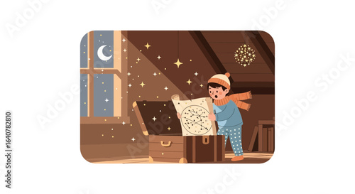 Illustration of a Curious Boy Discovering a Star Map in an Attic Treasure Chest