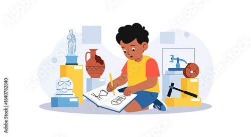 Illustration of a curious young boy sketching museum artifacts in a notebook learning new things