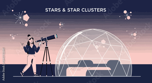 Illustration of a woman with telescope in front of observatory dome gazing at star clusters on mobile phone screen