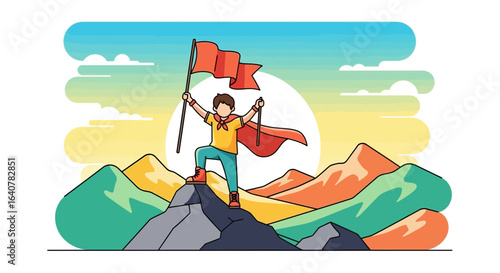 Illustration of a young adventurer on a mountain top holding a flag symbolizing success