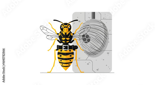 Illustration of a yellow jacket wasp with a black belt guarding its gray wasp nest against a white background
