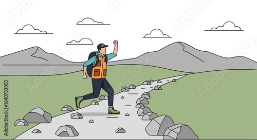 Illustration of a determined hiker running on a mountain trail with enthusiasm and backpack