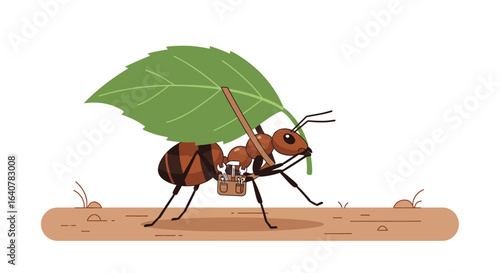 Illustration of a determined ant carrying a large leaf across the ground diligently