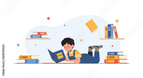 Illustration of a young boy deeply engrossed in reading surrounded by books