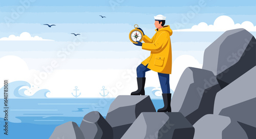 Illustration of a determined sailor navigating with a compass on a rocky shore landscape