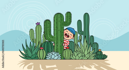 Happy child plays hide and seek among cartoon cactuses in desert landscape