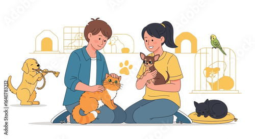 Happy Couple Loving and Caring for their Pets in a Bright Interior