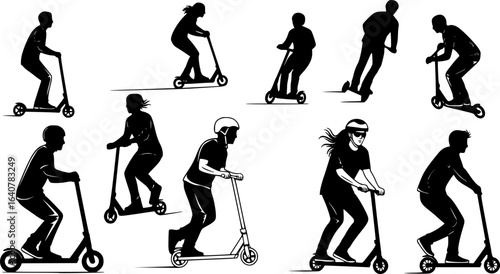silhouettes of people riding scooters, multiple figures, various poses, black and white, simple background, vector illustration style