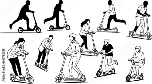 silhouettes of people riding scooters, multiple figures, various poses, black and white, simple background, vector illustration style